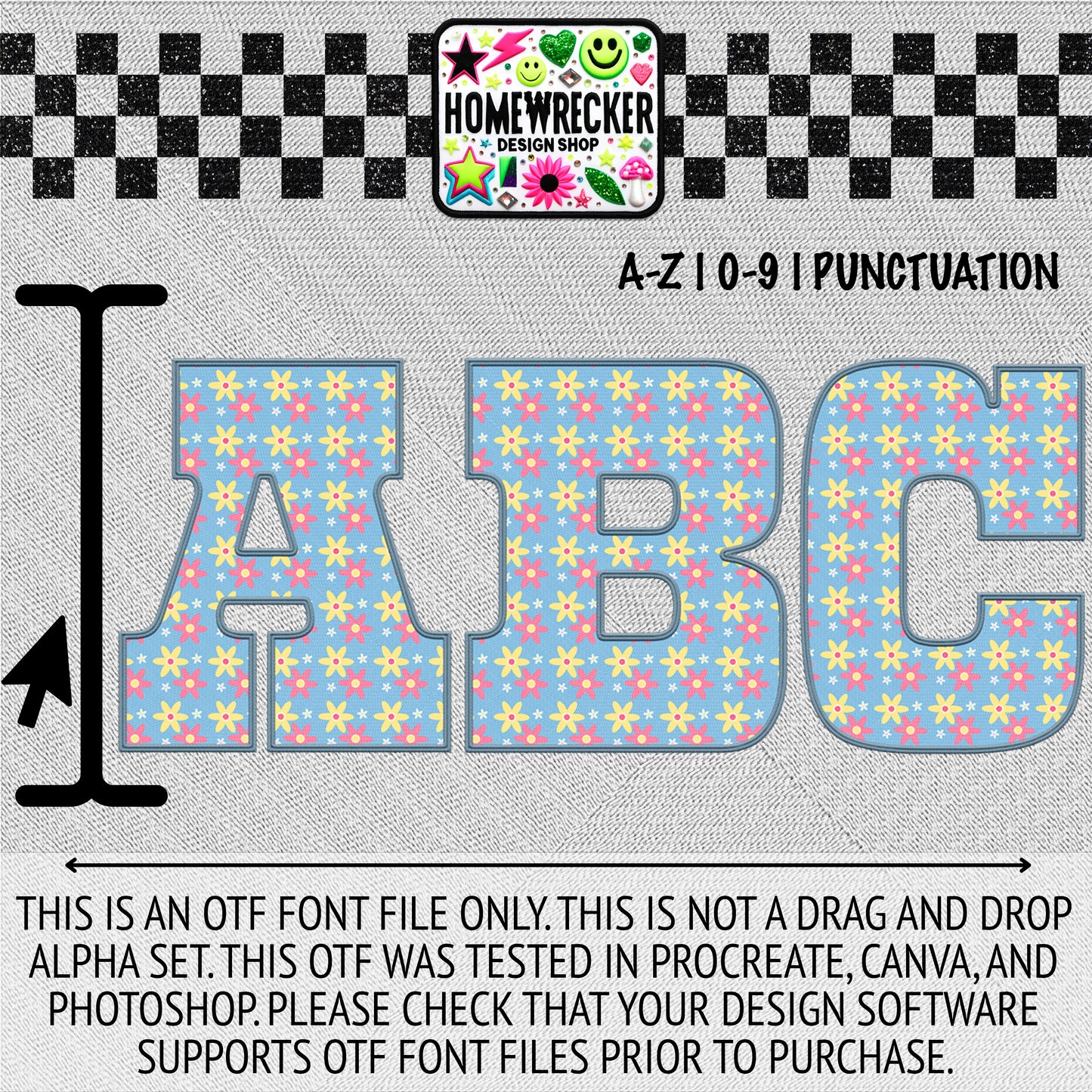 Pink Yellow Flower OTF Font, Faux Embroidery, Block Letter Style OTF Font Clipart Make your own designs Digital Download