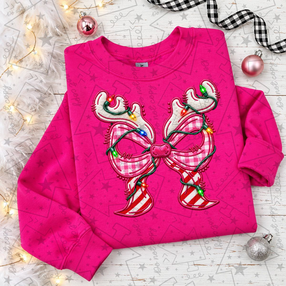 Watermarked preview: Pink Peppermint Reindeer Bow Faux emb