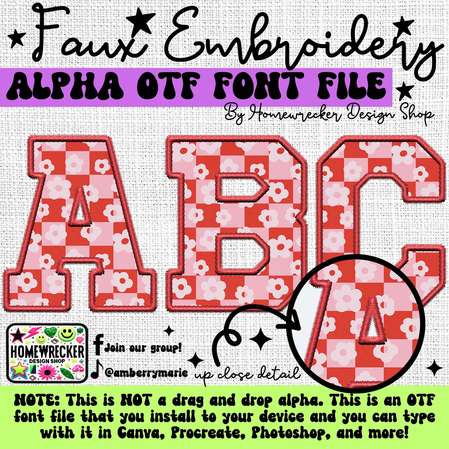 Red Pink Checkered Flower OTF Font, Faux Embroidery, Varsity Letter Style OTF Font Clipart Make your own designs Digital Download