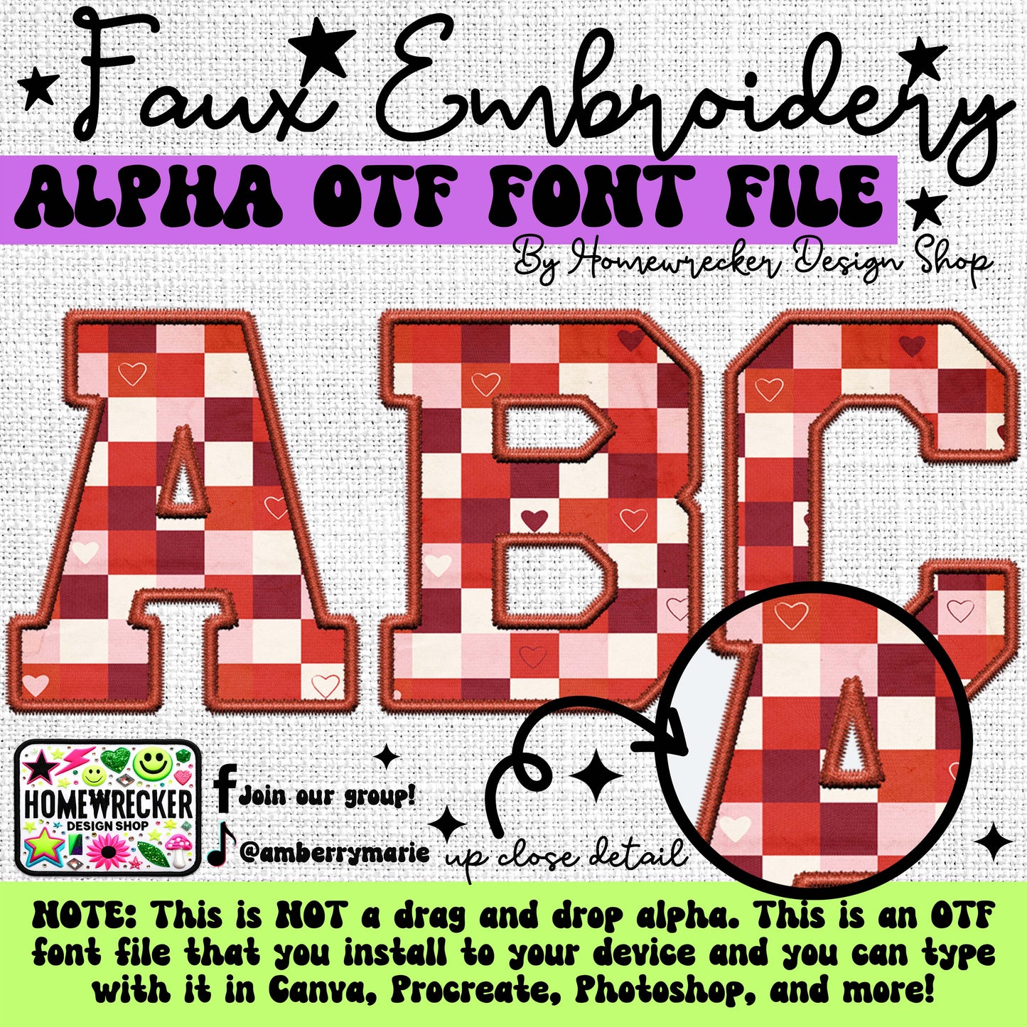 Red, White, Pink Checkered OTF Font, Faux Embroidery, Varsity Letter Style OTF Font Clipart Make your own designs Digital Download