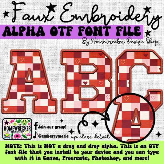 Red, White, Pink Checkered OTF Font, Faux Embroidery, Varsity Letter Style OTF Font Clipart Make your own designs Digital Download