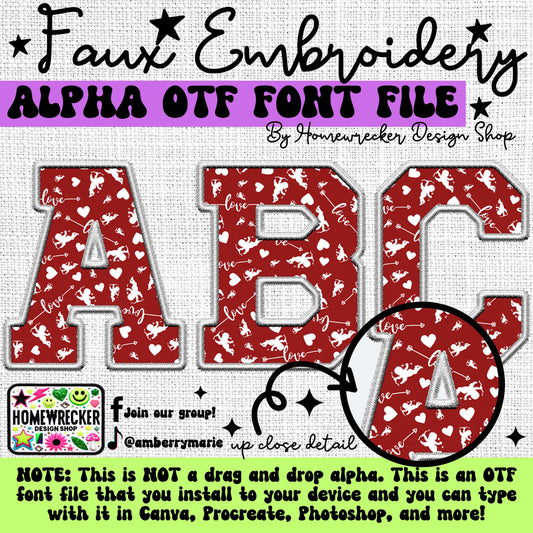 Red and White Cupid OTF Font, Faux Embroidery, Varsity Letter Style OTF Font Clipart Make your own designs Digital Download