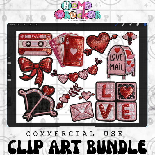 Vday Sequin Applique Clipart Bundle | Sequin & Faux Embroidery PNG | Commercial Use Digital Designs