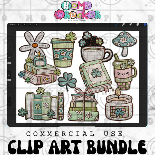 Lucky Books and Coffee Bundle | Sequin & Faux Embroidery PNG | Commercial Use Digital Designs