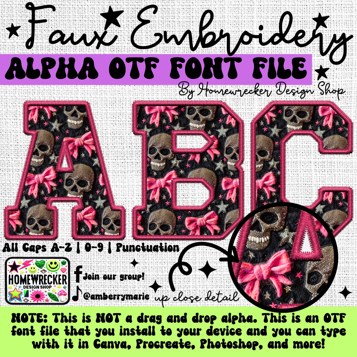 Skull Coquette PINK OTF Font, Faux Embroidery OTF Font, Varsity Letter Style Alpha, Clipart, Make your own designs