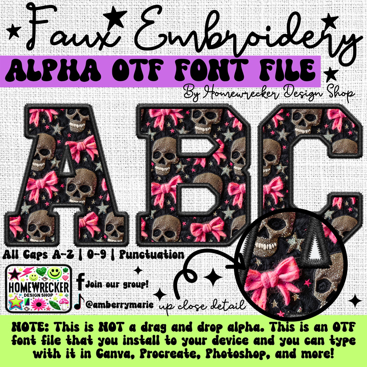 Skull Coquette Black OTF Font, Faux Embroidery OTF Font, Varsity Letter Style Alpha, Clipart, Make your own designs