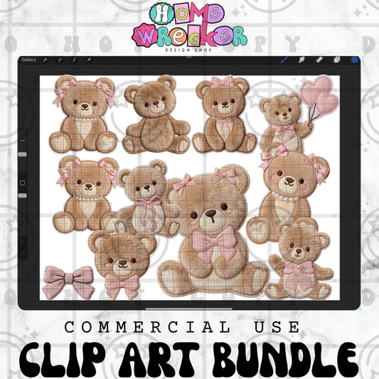 Fur Teddy Bear Applique Clipart Bundle | Sequin & Faux Embroidery PNG | Commercial Use Digital Designs