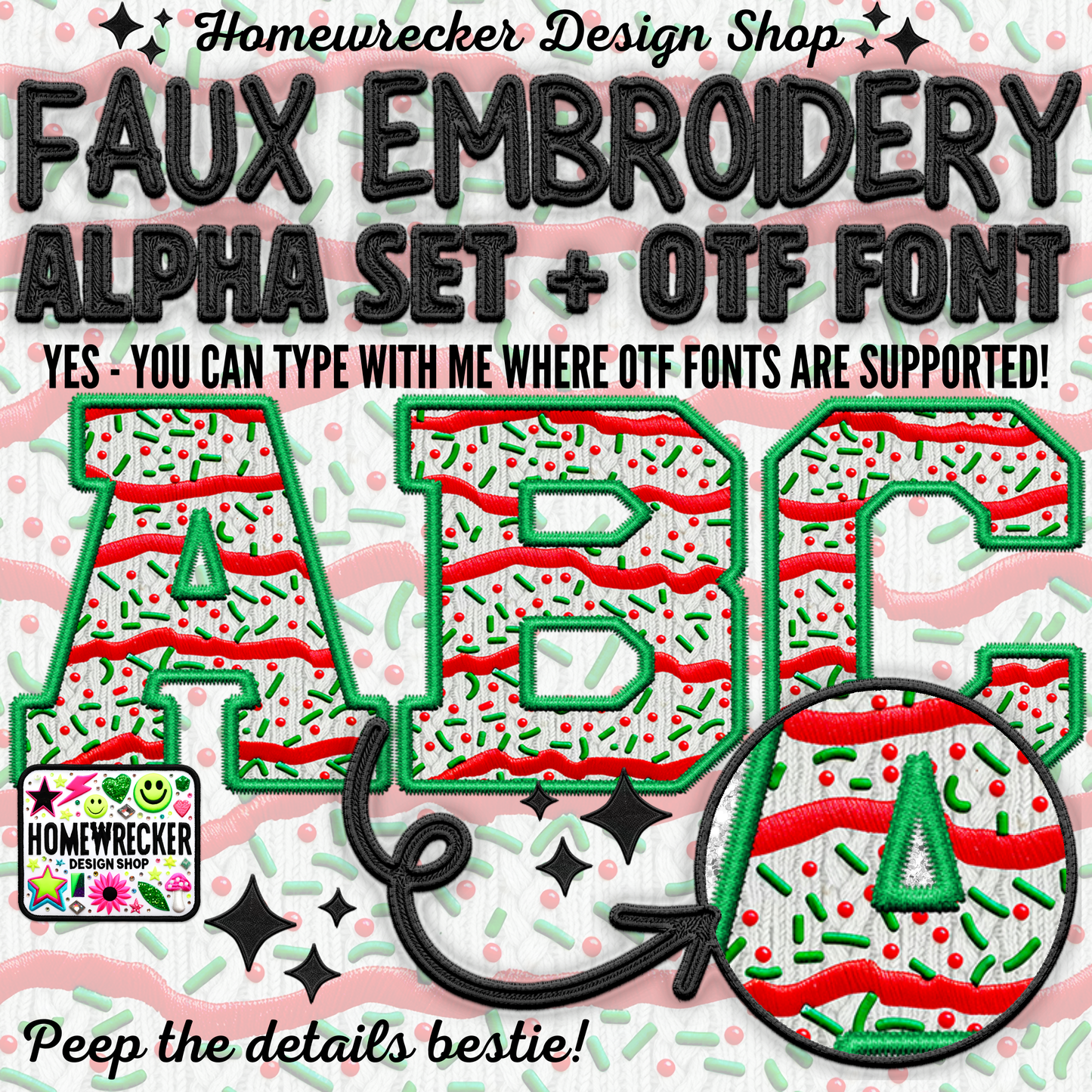 Xmas Tree Cake Varisty Style Alpha Set + OTF Font | Faux Embroidery Alpha