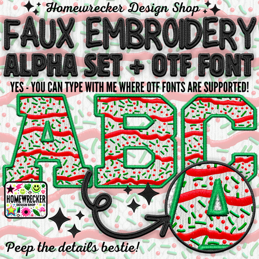 Xmas Tree Cake Varisty Style Alpha Set + OTF Font | Faux Embroidery Alpha