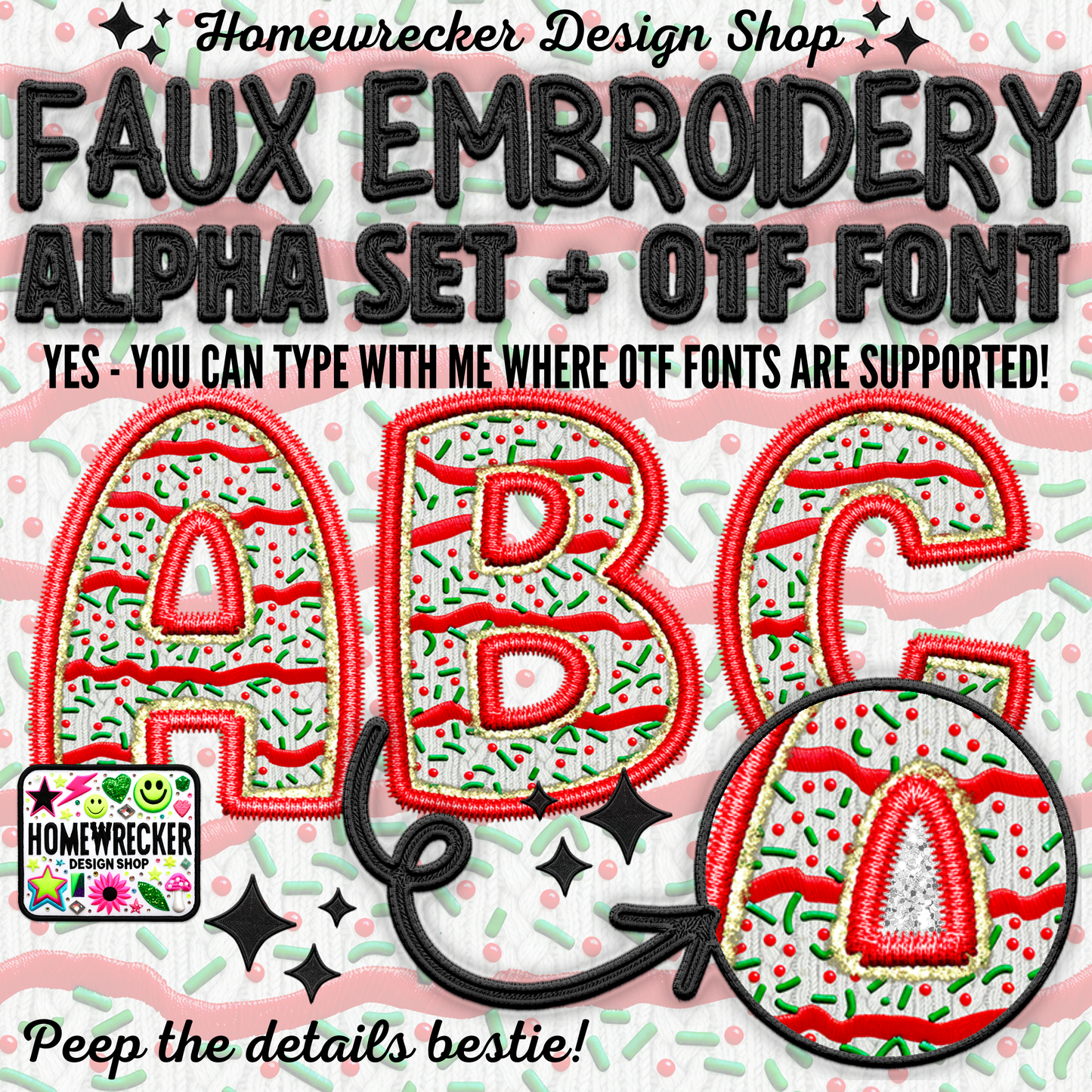 Xmas Tree Cake Gold Foil Accent Alpha Set + OTF Font | Faux Embroidery Alpha