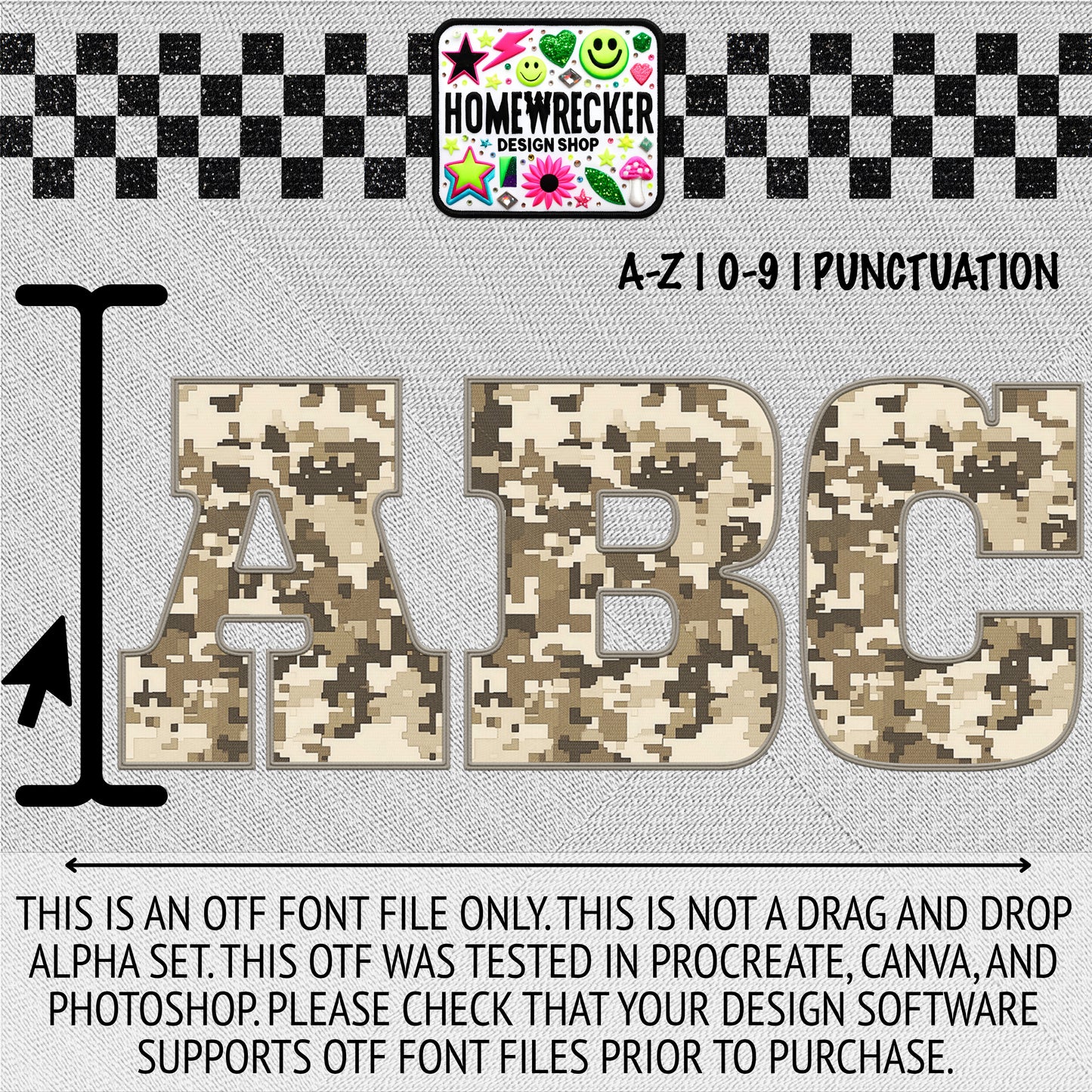 Tan Camo OTF Font, Faux Embroidery, Block Letter Style OTF Font Clipart Make your own designs Digital Download