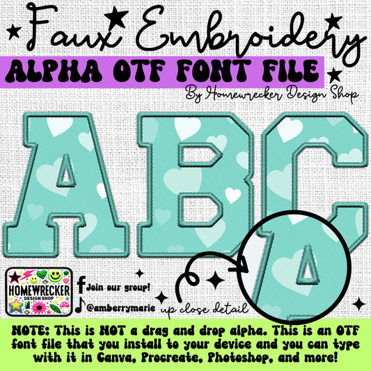 Teal and White Heart OTF Font, Faux Embroidery, Varsity Letter Style OTF Font Clipart Make your own designs Digital Download