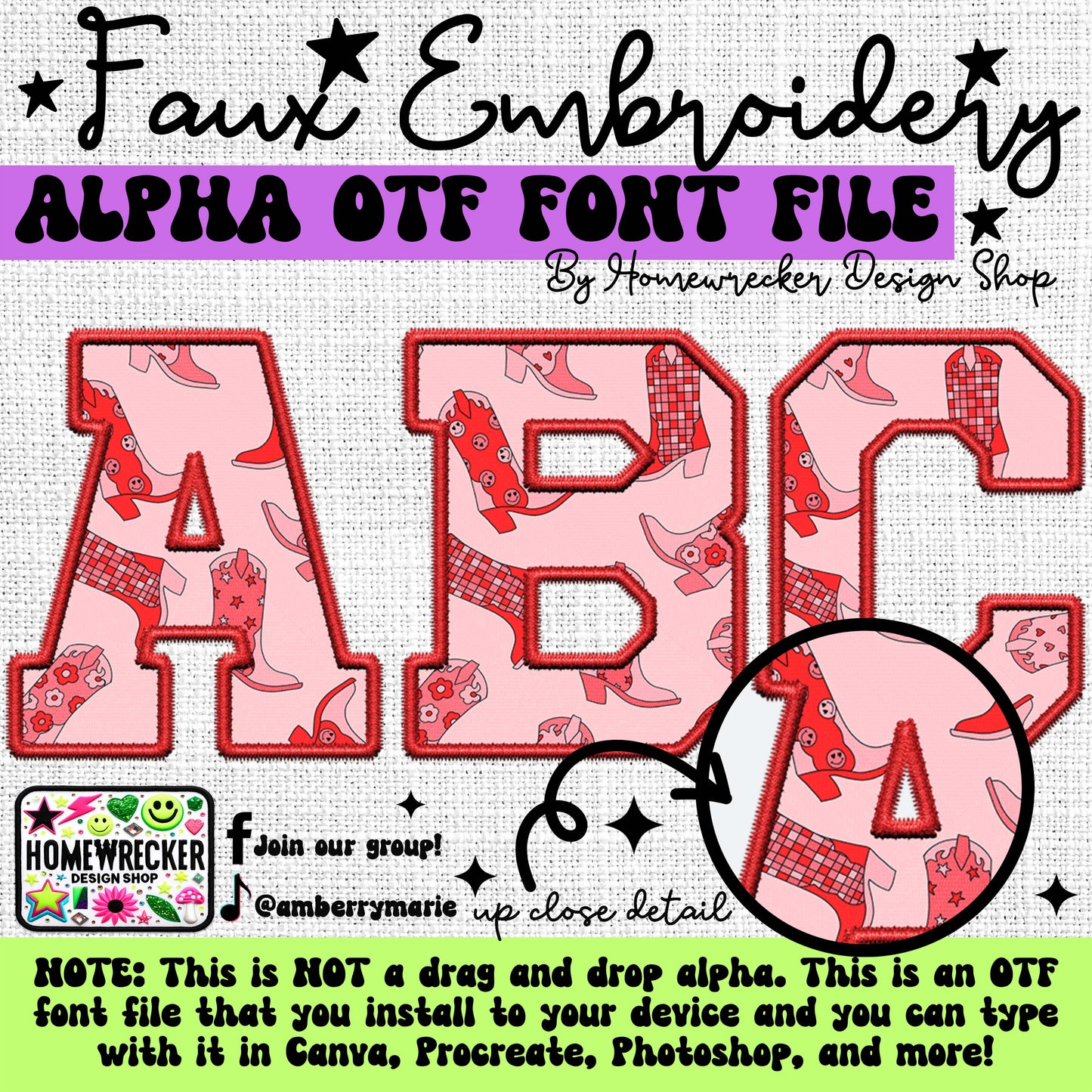 Valentine Cowboy Boots OTF Font, Faux Embroidery, Varsity Letter Style OTF Font Clipart Make your own designs Digital Download