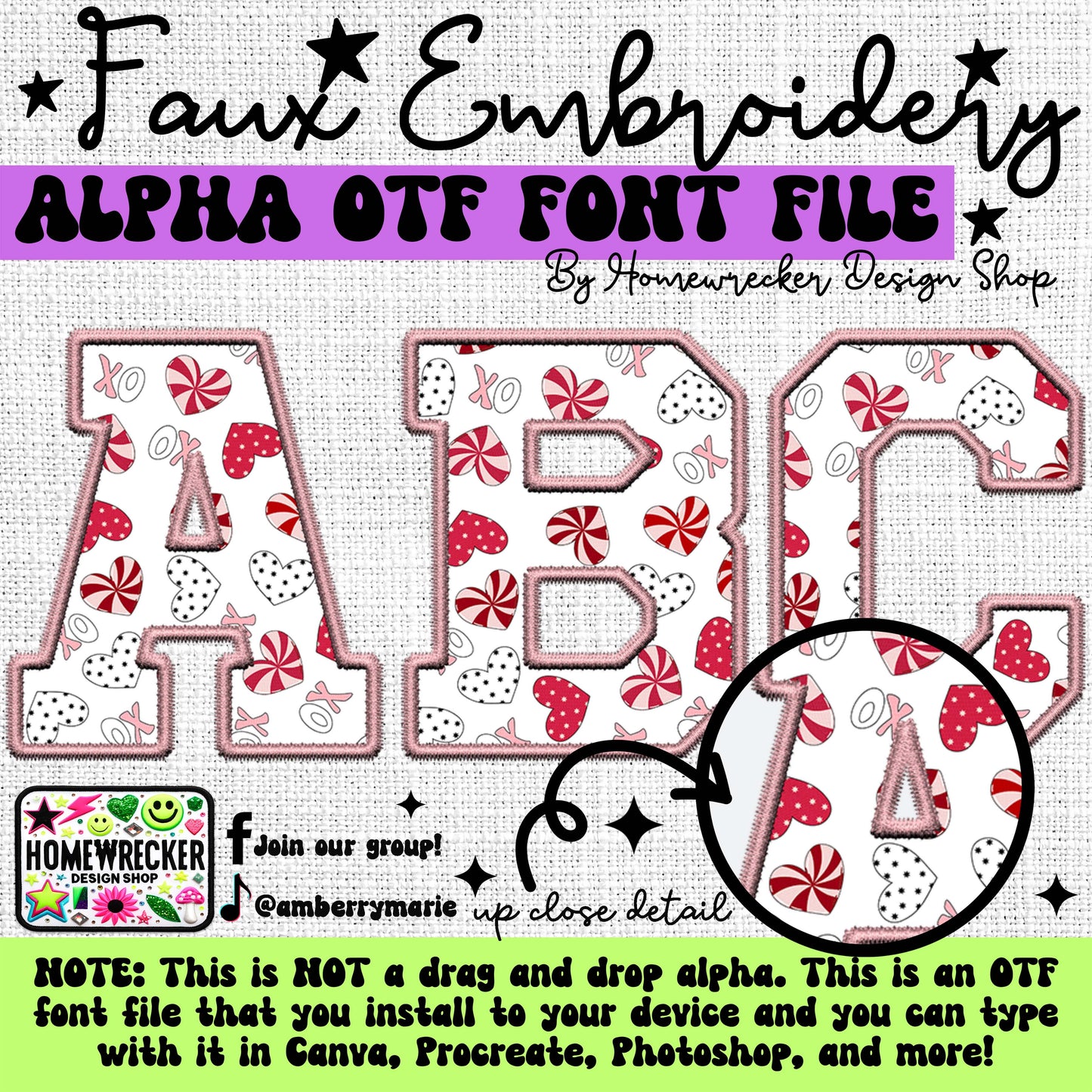 Valentine Candy OTF Font, Faux Embroidery, Varsity Letter Style OTF Font Clipart Make your own designs Digital Download