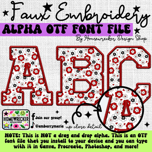 Valentine Flowers OTF Font, Faux Embroidery, Varsity Letter Style OTF Font Clipart Make your own designs Digital Download