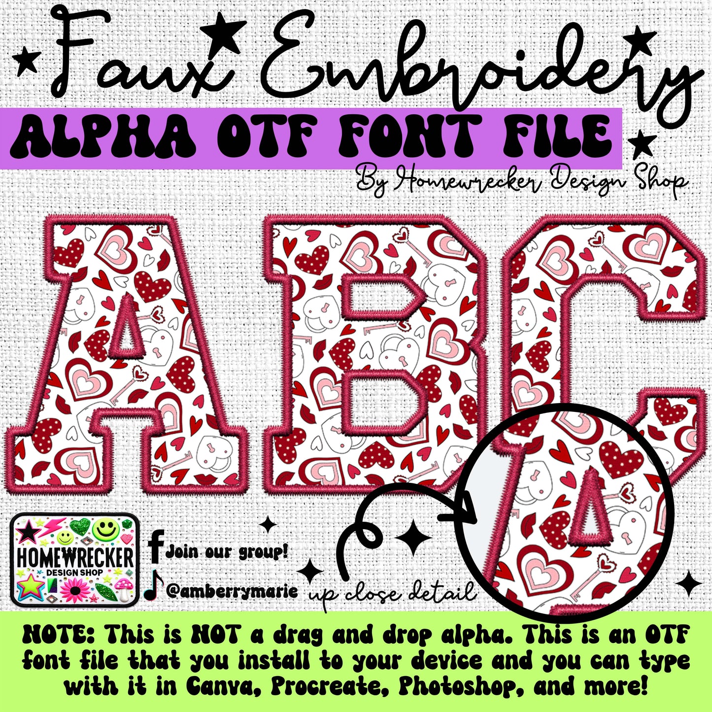 Valentine Heart Lock OTF Font, Faux Embroidery, Varsity Letter Style OTF Font Clipart Make your own designs Digital Download