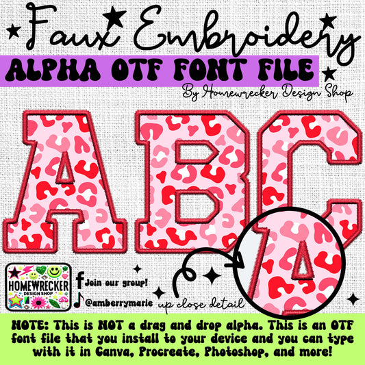 Valentine Leopard Print OTF Font, Faux Embroidery, Varsity Letter Style OTF Font Clipart Make your own designs Digital Download