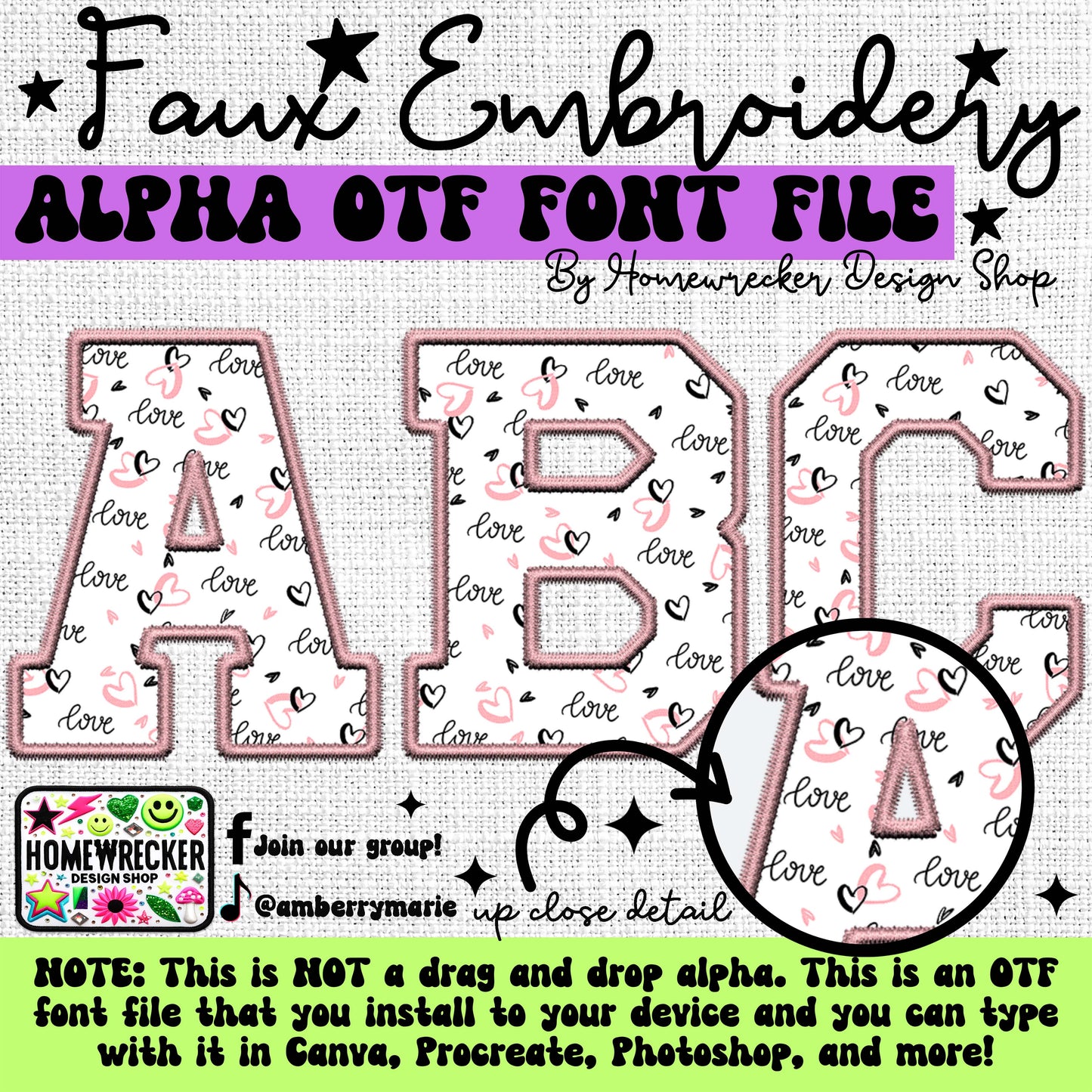 Valentine Love Heart OTF Font, Faux Embroidery, Varsity Letter Style OTF Font Clipart Make your own designs Digital Download