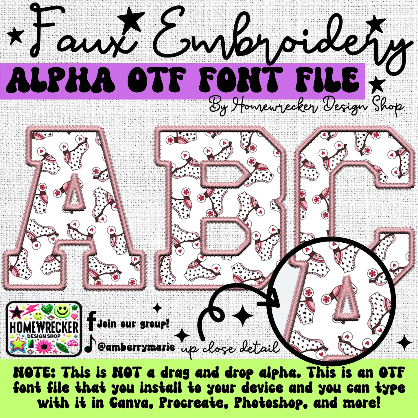 Valentine Rollerskate OTF Font, Faux Embroidery, Varsity Letter Style OTF Font Clipart Make your own designs Digital Download