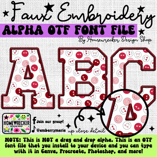 Valentine Smiley Faces OTF Font, Faux Embroidery, Varsity Letter Style OTF Font Clipart Make your own designs Digital Download