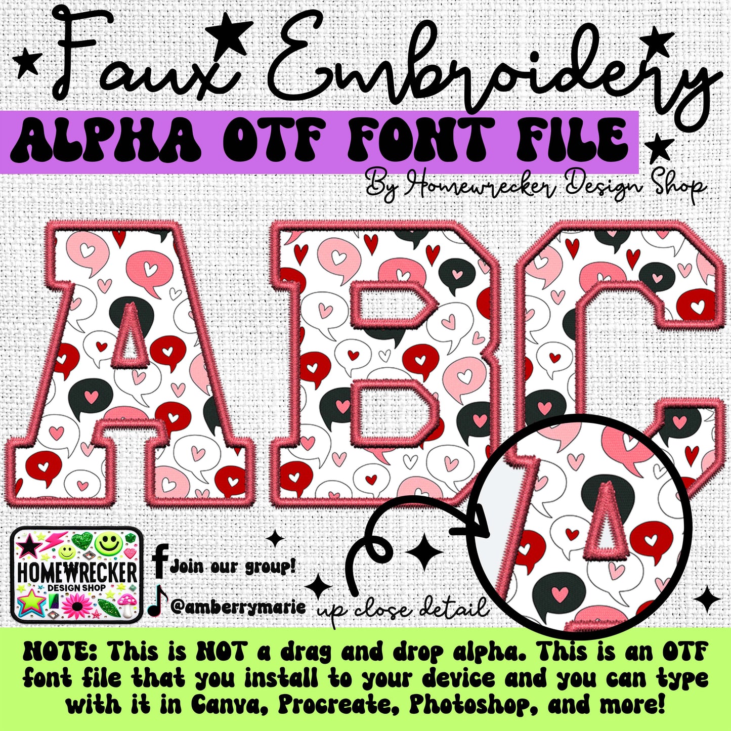 Valentine Talk Bubbles OTF Font, Faux Embroidery, Varsity Letter Style OTF Font Clipart Make your own designs Digital Download