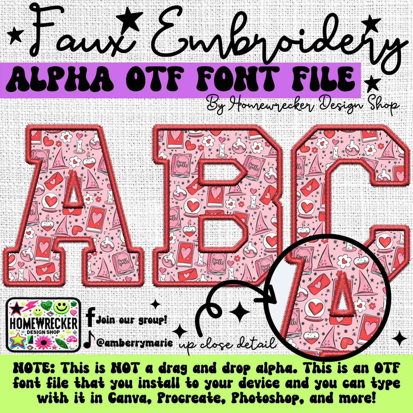 Valentine Love Spell OTF Font, Faux Embroidery, Varsity Letter Style OTF Font Clipart Make your own designs Digital Download