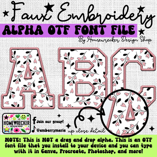 Valentine Leaves OTF Font, Faux Embroidery, Varsity Letter Style OTF Font Clipart Make your own designs Digital Download