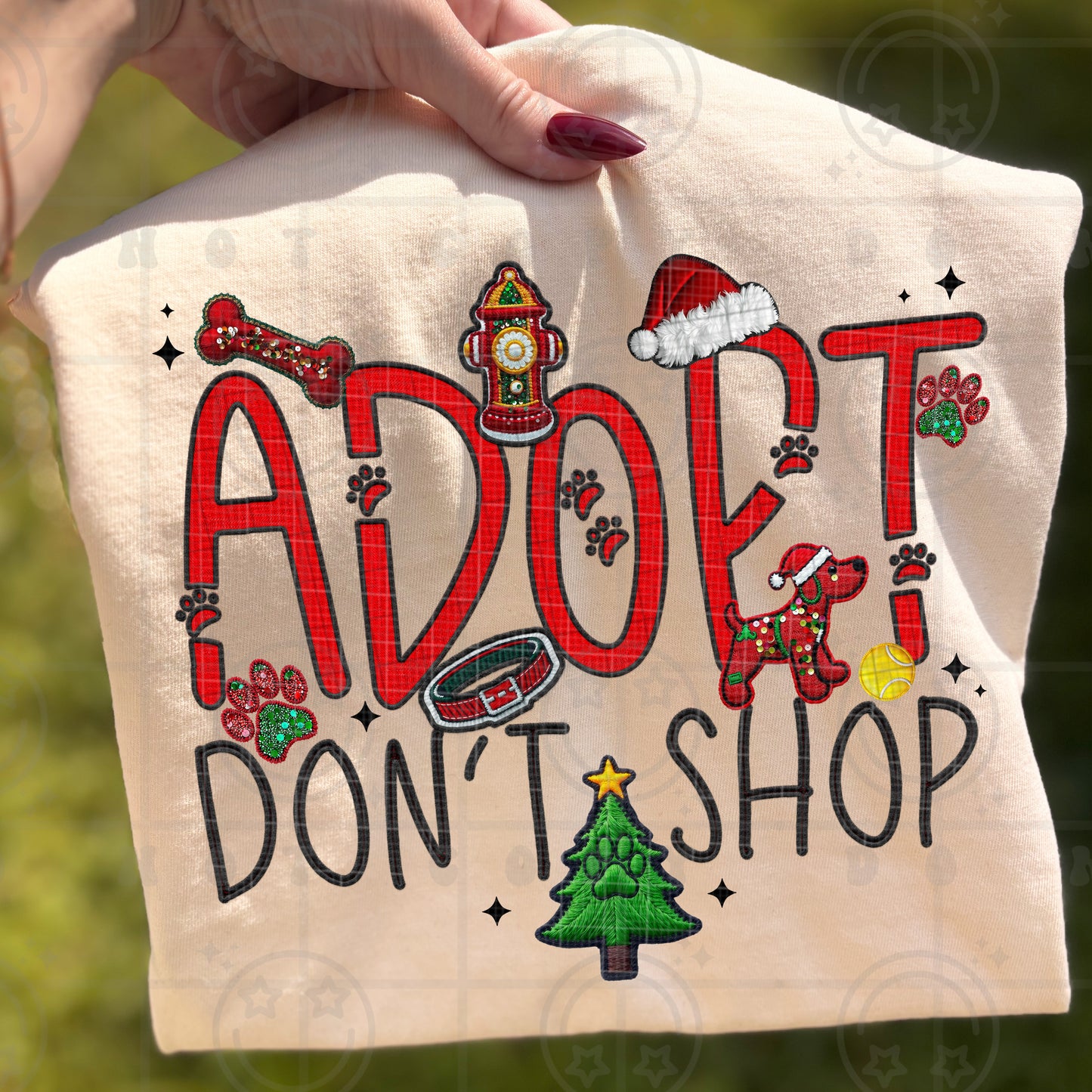 Adopt dont shop pet adoption PNG, faux embroidery, dog paws, christmas PNG digital download
