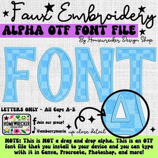 Blue Glitter Checkers OTF Font, Faux Embroidery, OTF Font Clipart Make your own designs Digital Download