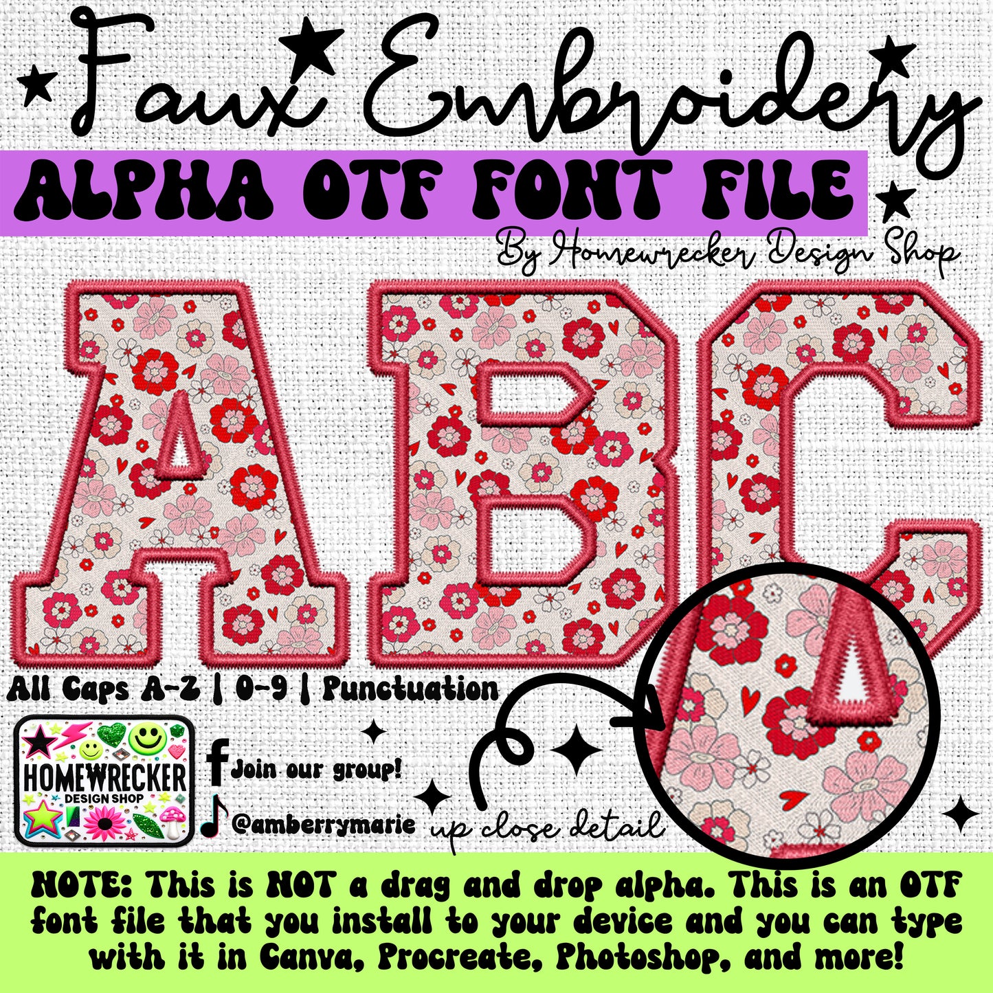 Boho Flower Vday OTF Font, Faux Embroidery OTF Font, Varsity Letter Style Alpha, Clipart, Make your own designs