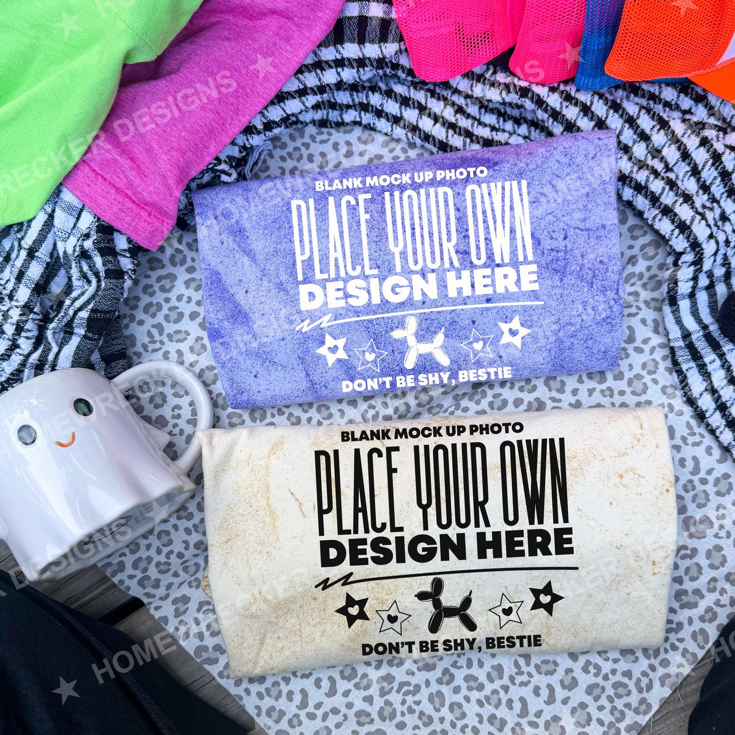Blank Comfort Colors Colorblast t-shirt in Amethyst and Citrine, flat lay mockup photo from Homewrecker Design Shop