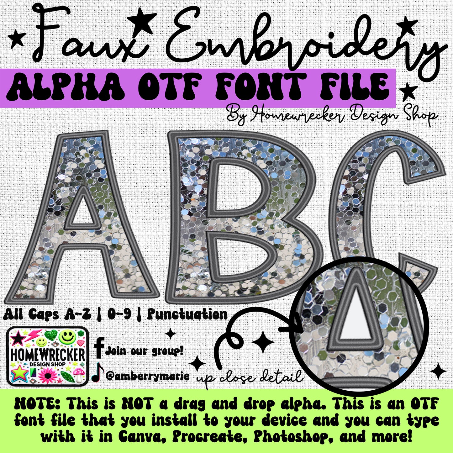 Disco glitter OTF Font, Faux Embroidery, OTF Font Clipart Make your own designs Digital Download