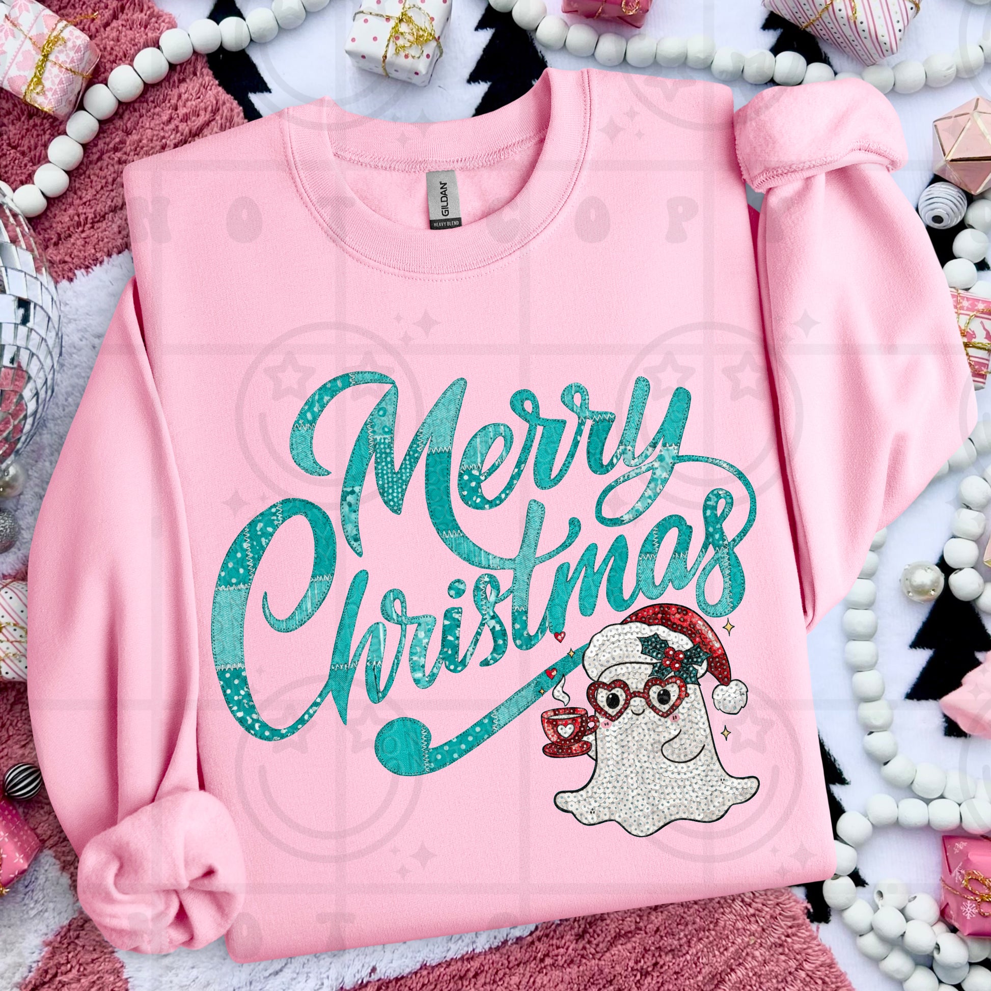 Merry christmas ghost with coffee faux sequin design on a shirt