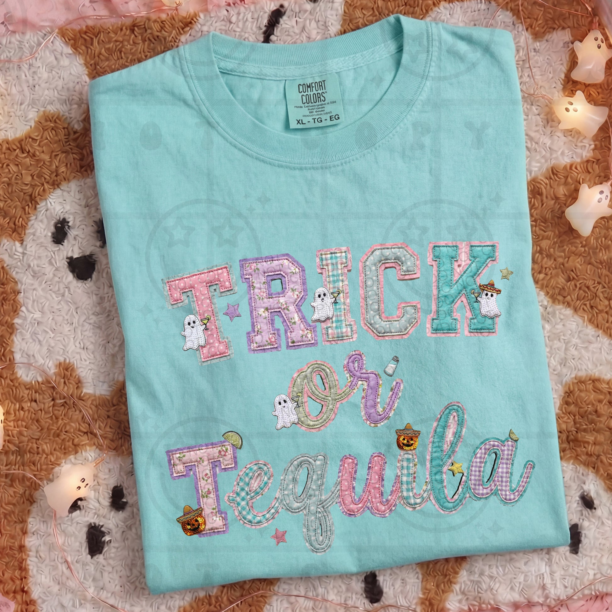 Trick or tequila quilted patchwork design on a shirt
