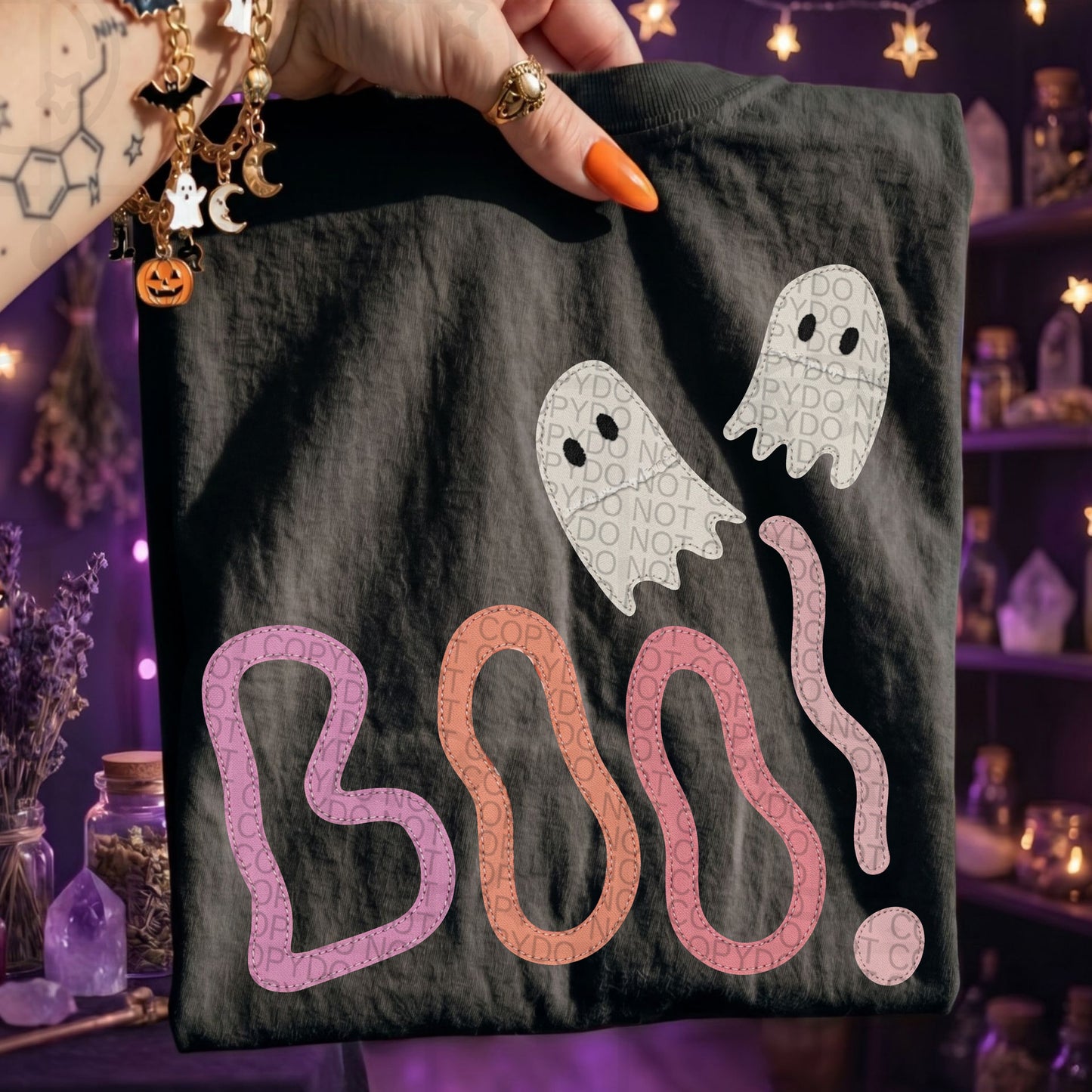 Boo ghost halloween faux embroidery design on a shirt