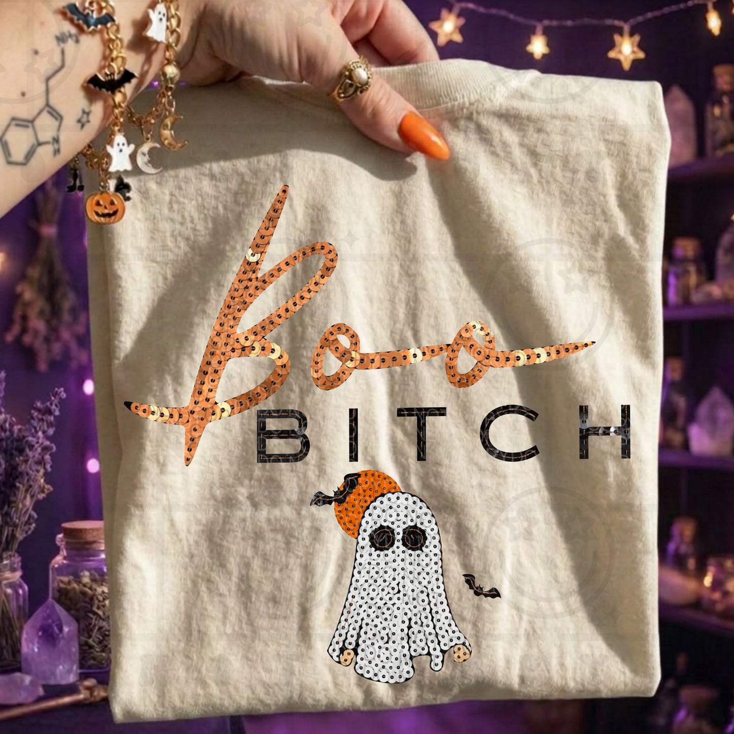 Boo bitch halloween faux sequin design on a shirt
