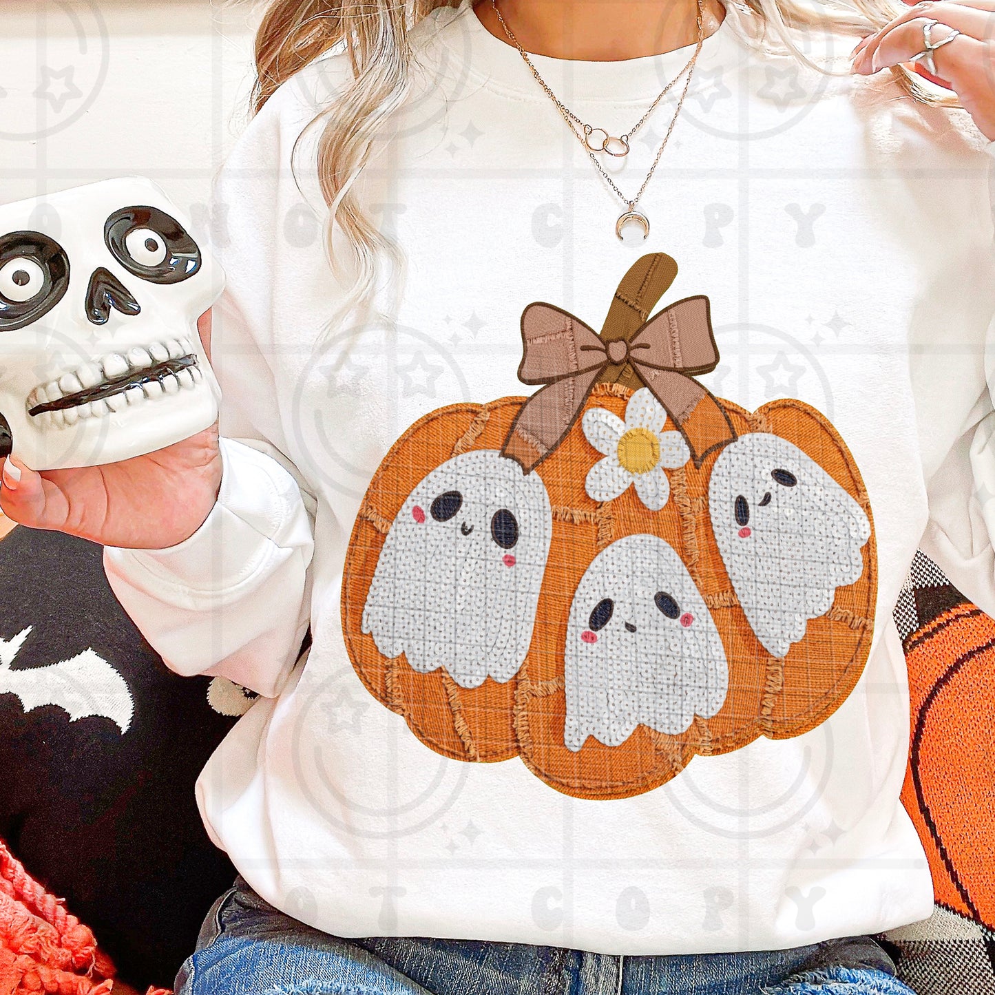 Ghostie pumpkin patchwork design on a shirt