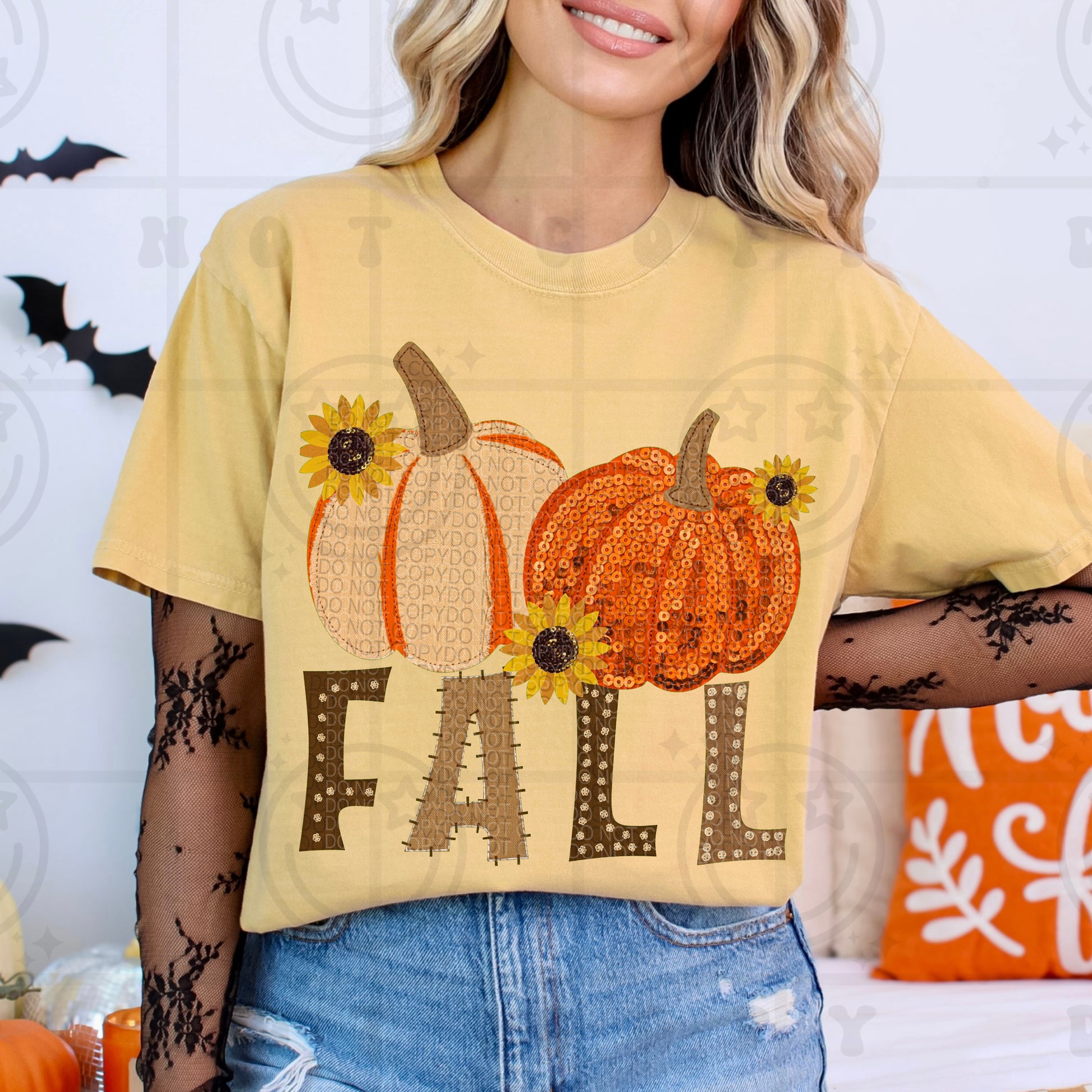 Fall pumpkins and sunflowers faux embroidery design on a shirt