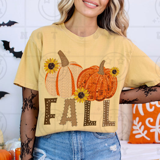 Fall pumpkins and sunflowers faux embroidery design on a shirt