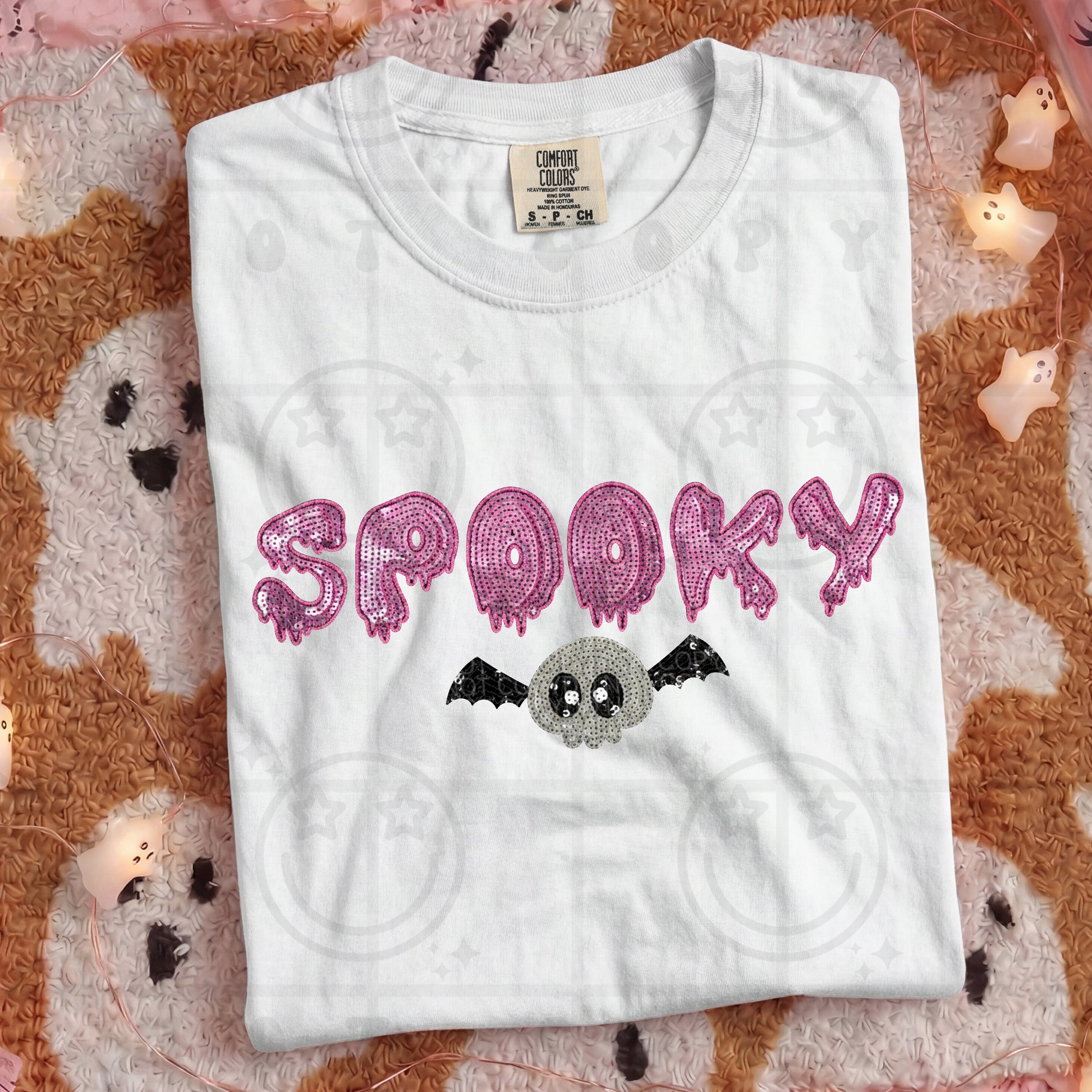 Spooky pink faux sequin design on a shirt