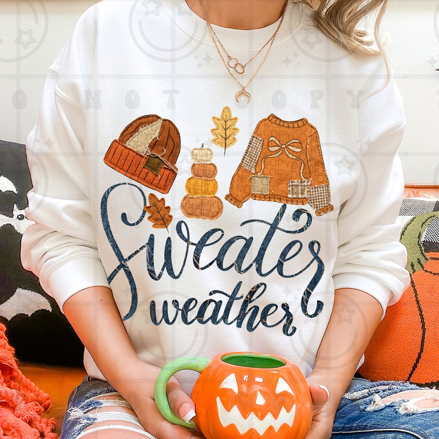 Sweater weather faux embroidery design on a shirt