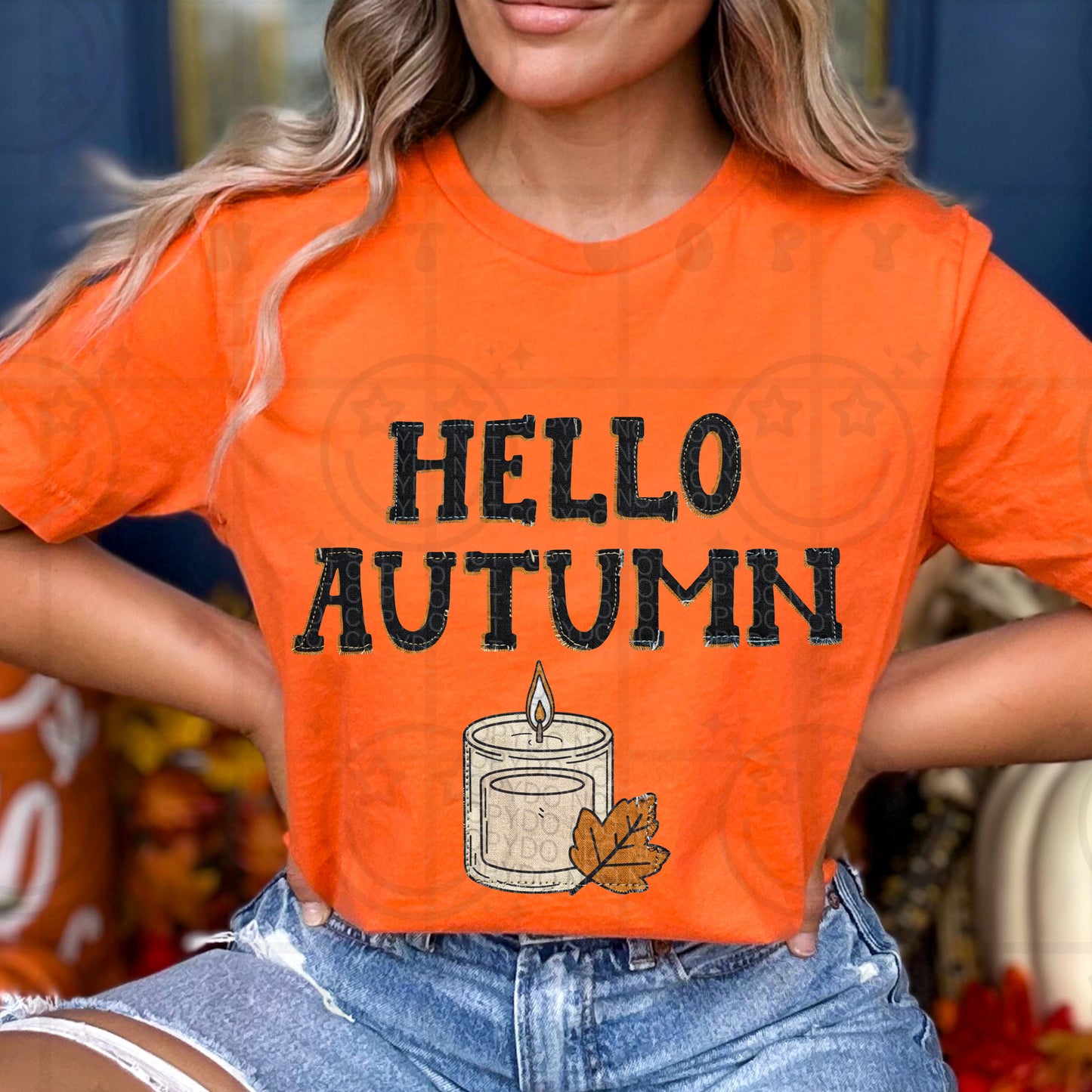 Hello autumn candle faux embroidery design on a shirt