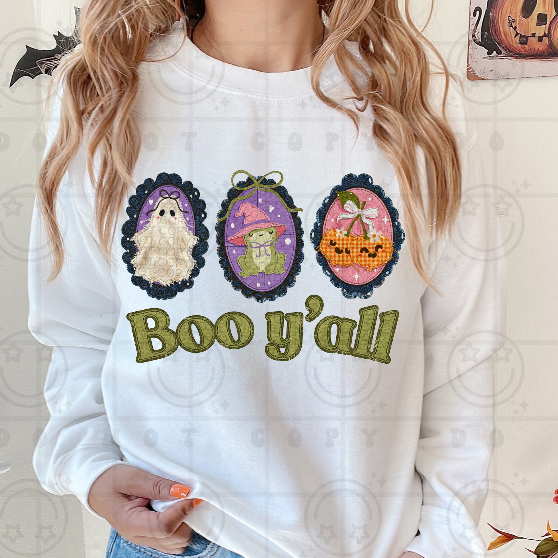Boo yall ghost halloween faux embroidery design on a shirt