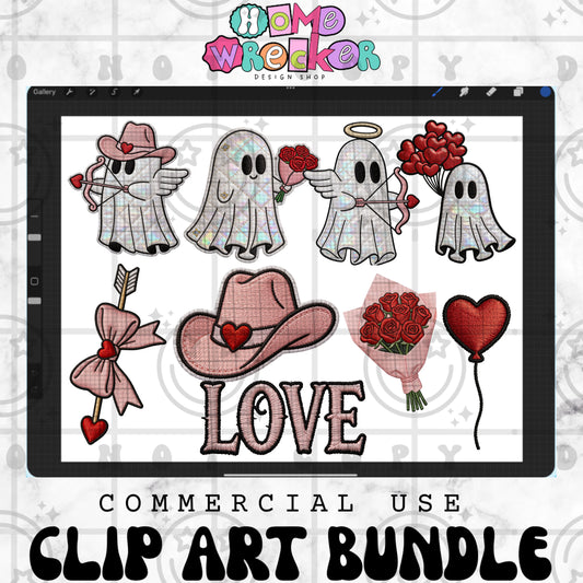 Holographic Vday ghosts Bundle | Sequin & Faux Embroidery PNG | Commercial Use Digital Designs