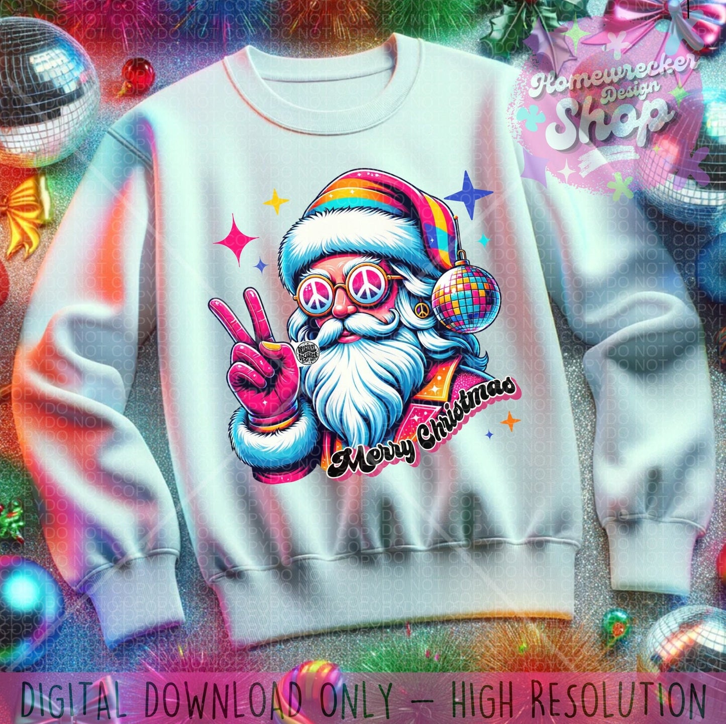 Neon Hippie Santa Claus PNG Design - Retro Christmas 's Merry Christmas’' Digital Art for Crafting, Print, Tshirt making & Decor