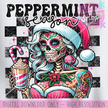 Peppermint season skeleton woman with tattoos wearing a Santa hat holding a candy cane coffee or peppermint hot cocoa festive drink PNG