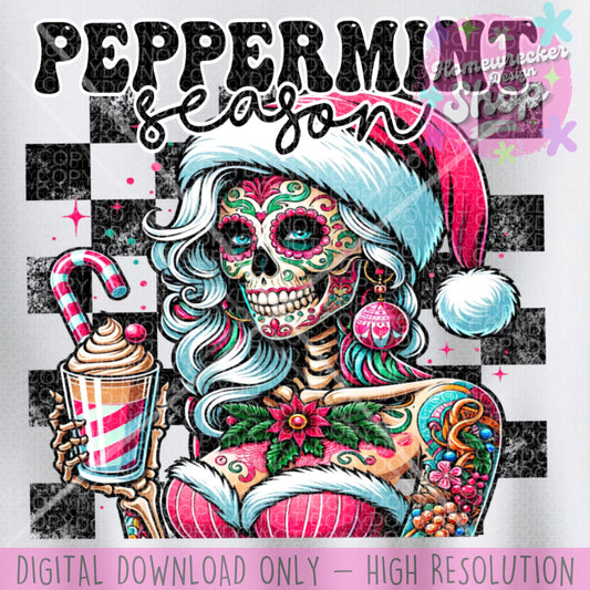 Peppermint season skeleton woman with tattoos wearing a Santa hat holding a candy cane coffee or peppermint hot cocoa festive drink PNG