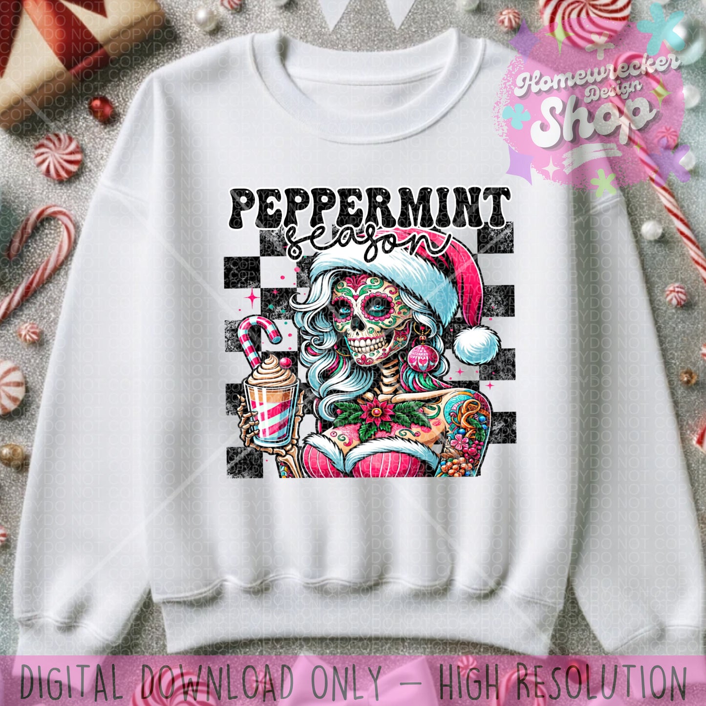 Peppermint season skeleton woman with tattoos wearing a Santa hat holding a candy cane coffee or peppermint hot cocoa festive drink PNG