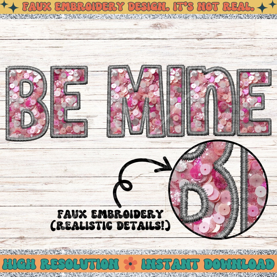 Be Mine, Faux Embroidery Valentines Day design, PNG Download