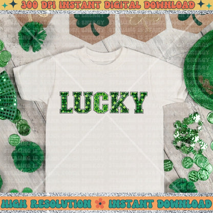 Lucky, Leopard print, st Patrick’s day, shamrock Varsity Letter PNG, Sublimation, Wavy Trend Design